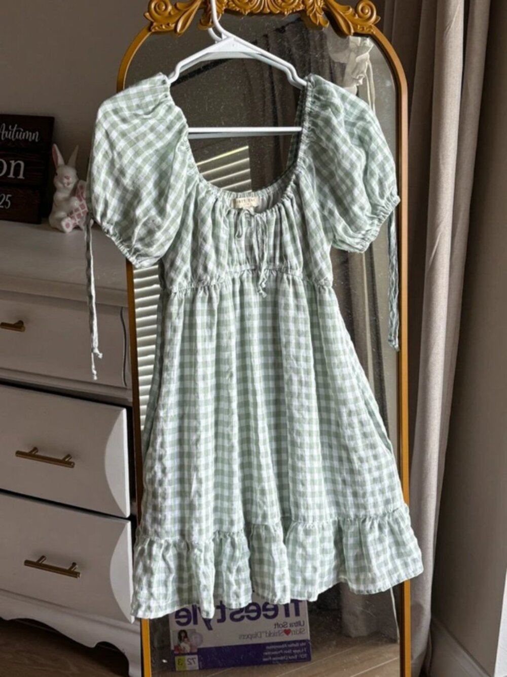 Short Summer Green Gingham Dress with Ties